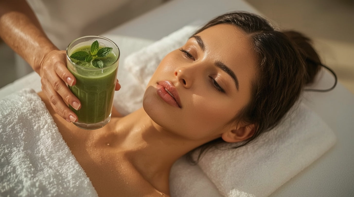 a woman doing a facial and drinks green smoothy